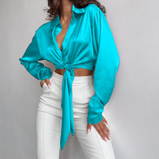 Long Sleeve Midriff-baring Shirt Women's Cropped Top