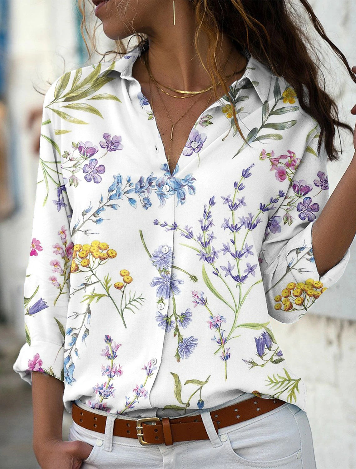 Blusa de manga larga para mujer, nueva, con estampado elegante clásico de ramas de flores en color sólido, cárdigan suelto digital 3D