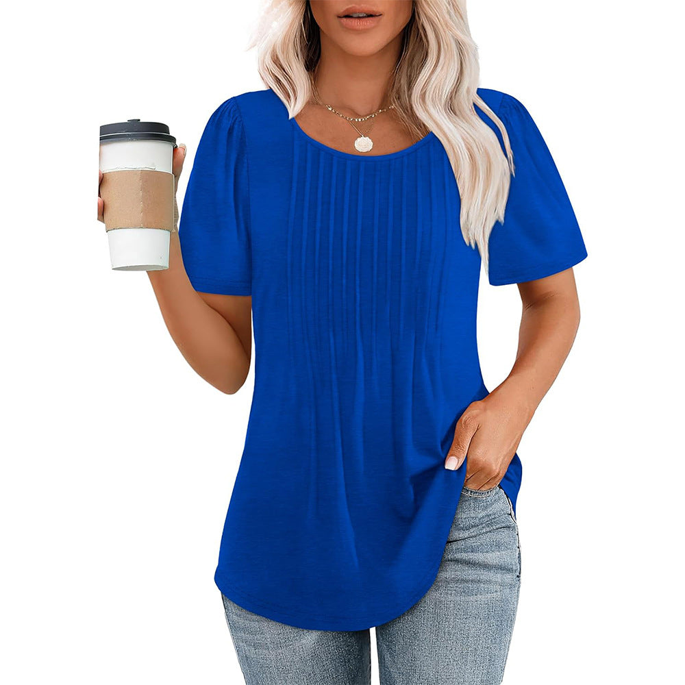 Pleated Round Neck Short-sleeved T-shirt Women's Top