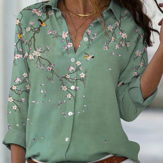 Blusa de manga larga para mujer, nueva, con estampado elegante clásico de ramas de flores en color sólido, cárdigan suelto digital 3D