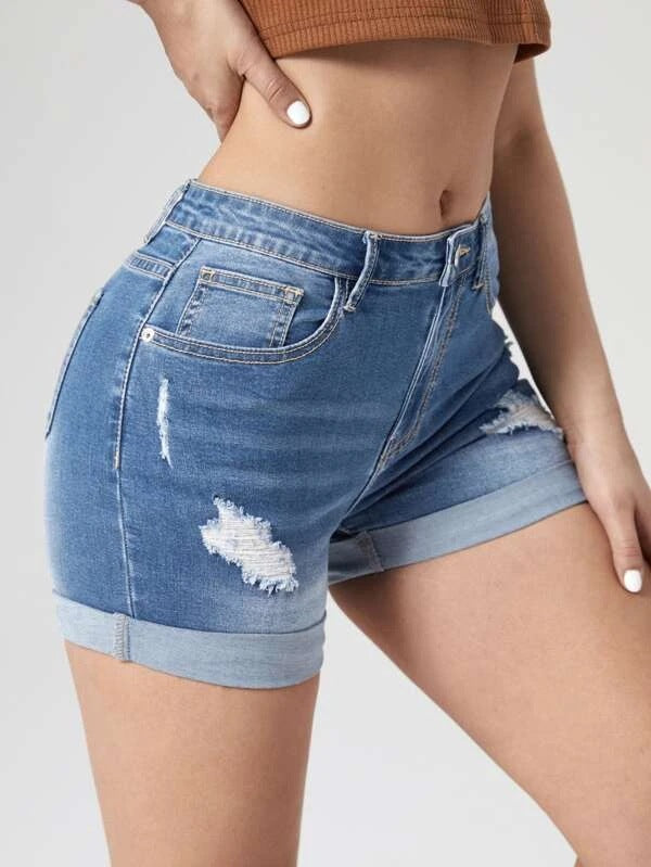 Damenmode Löcher Curling Hohe elastische Jeansshorts mit hoher Taille