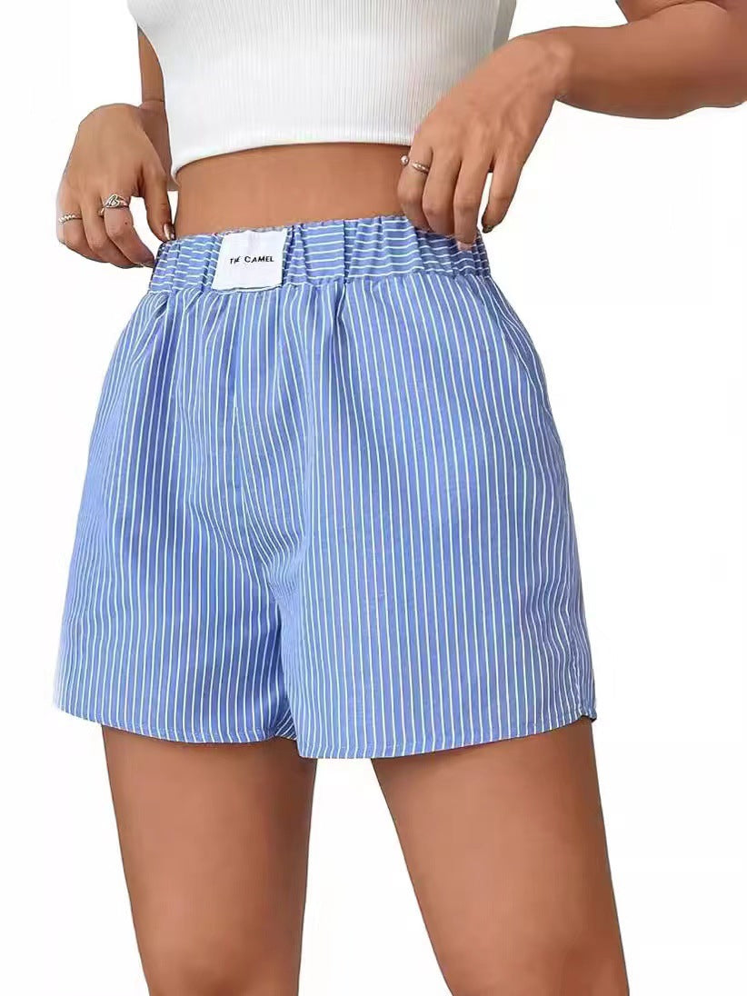 Fashion Women's Loose Back Patch Pocket Striped Shorts