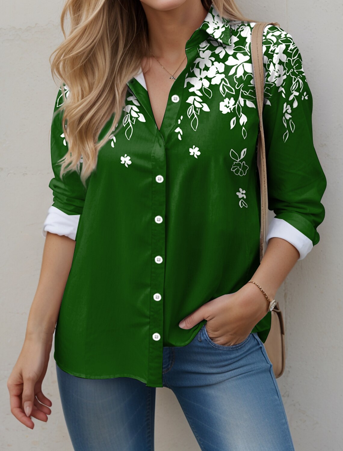 Blusa de manga larga para mujer, nueva, con estampado elegante clásico de ramas de flores en color sólido, cárdigan suelto digital 3D