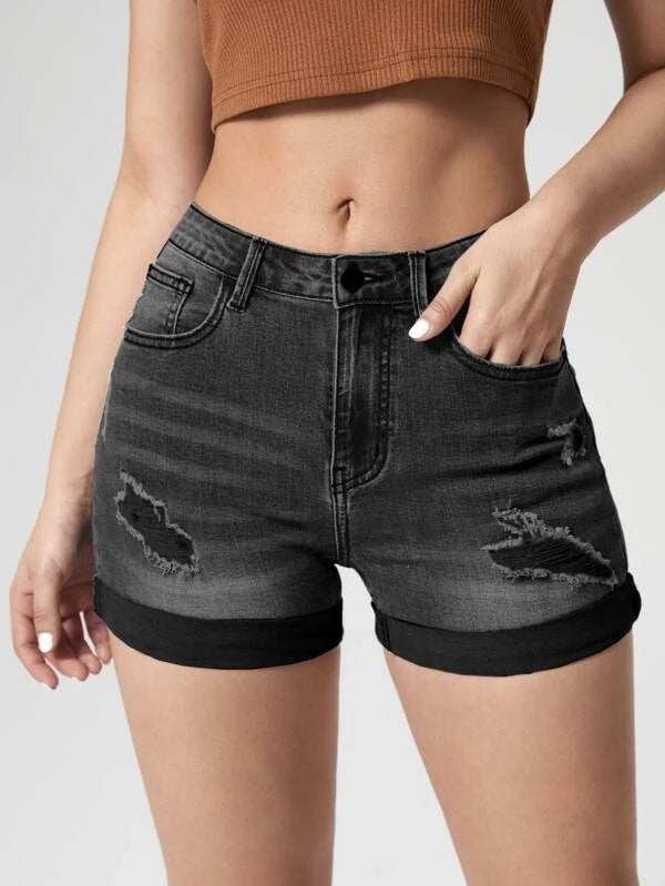 Damenmode Löcher Curling Hohe elastische Jeansshorts mit hoher Taille