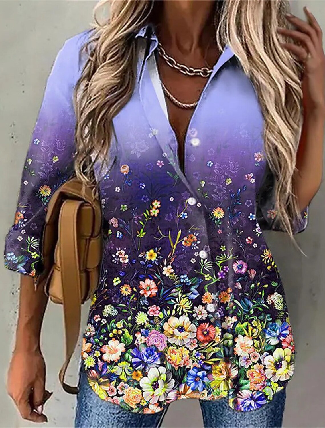 New Solid Color Flower Branch Classical Elegant Printing 3D Digital Loose Cardigan Women's Long-sleeved Blouse