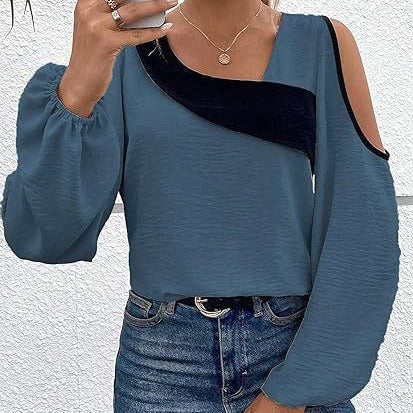 Off-the-shoulder Stitching Pullover Diagonal Collar Long Sleeve Loose Shirt