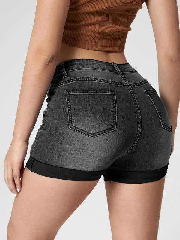 Damenmode Löcher Curling Hohe elastische Jeansshorts mit hoher Taille