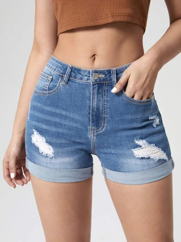 Damenmode Löcher Curling Hohe elastische Jeansshorts mit hoher Taille