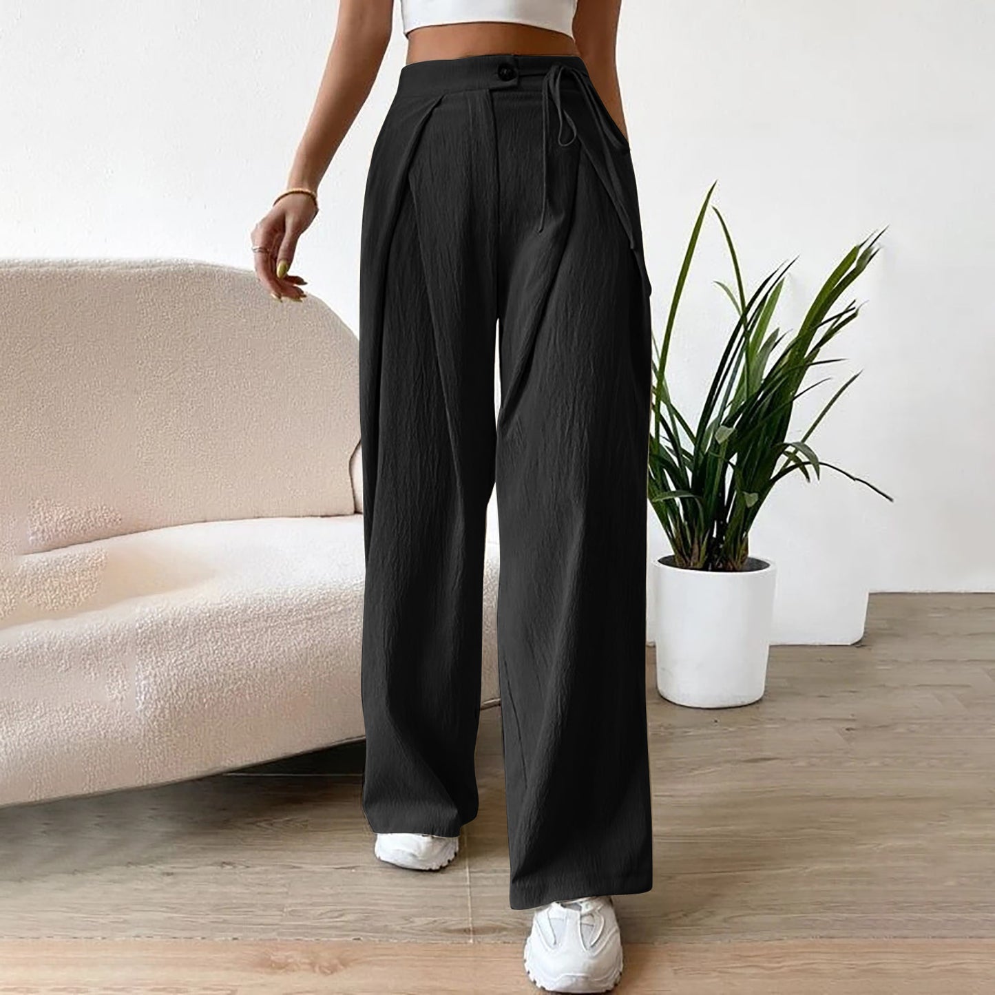 Women's High Waist Drawstring Patchwork Wide-leg Pants Casual Straight Pants