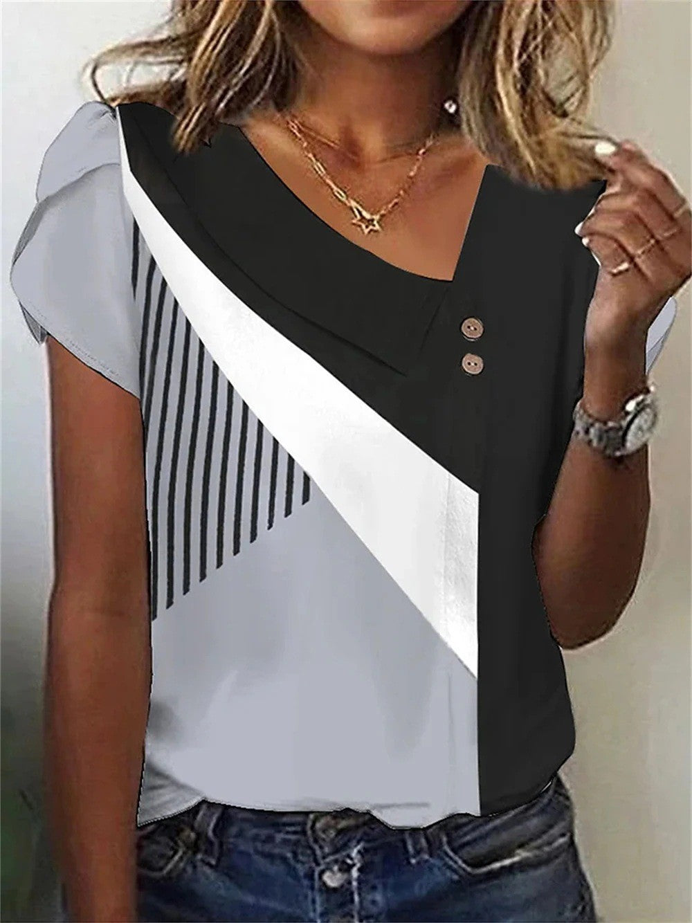 Women's Top Button V-neck T-shirt