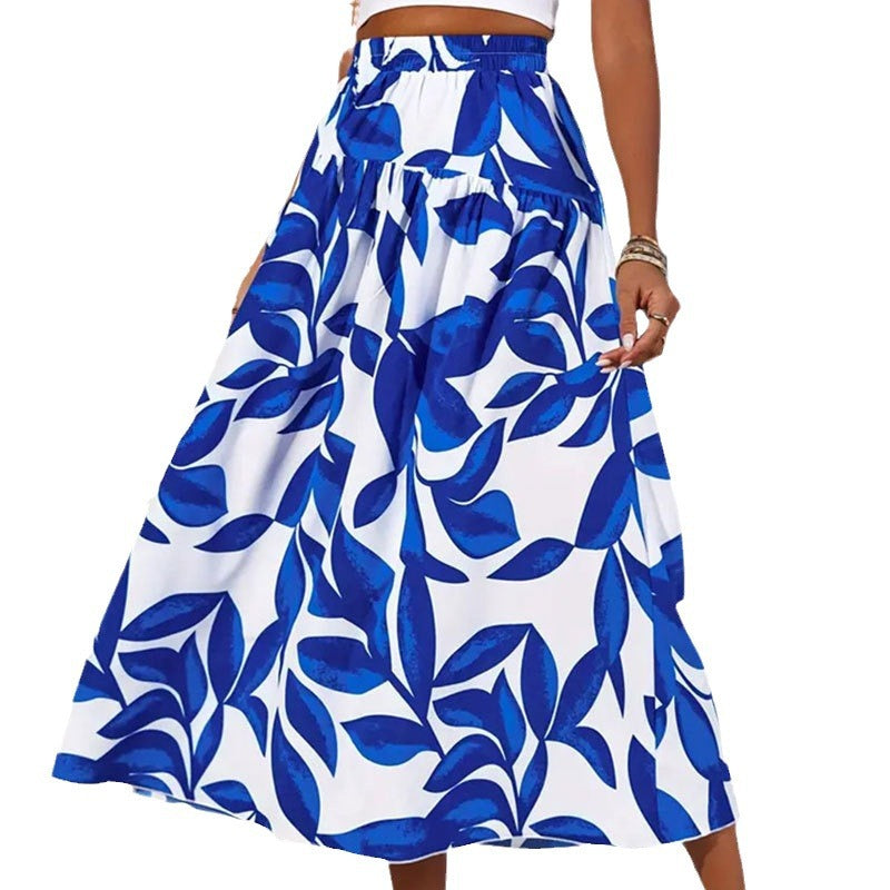 Women's Printed Stitching Elastic Waist Skirt