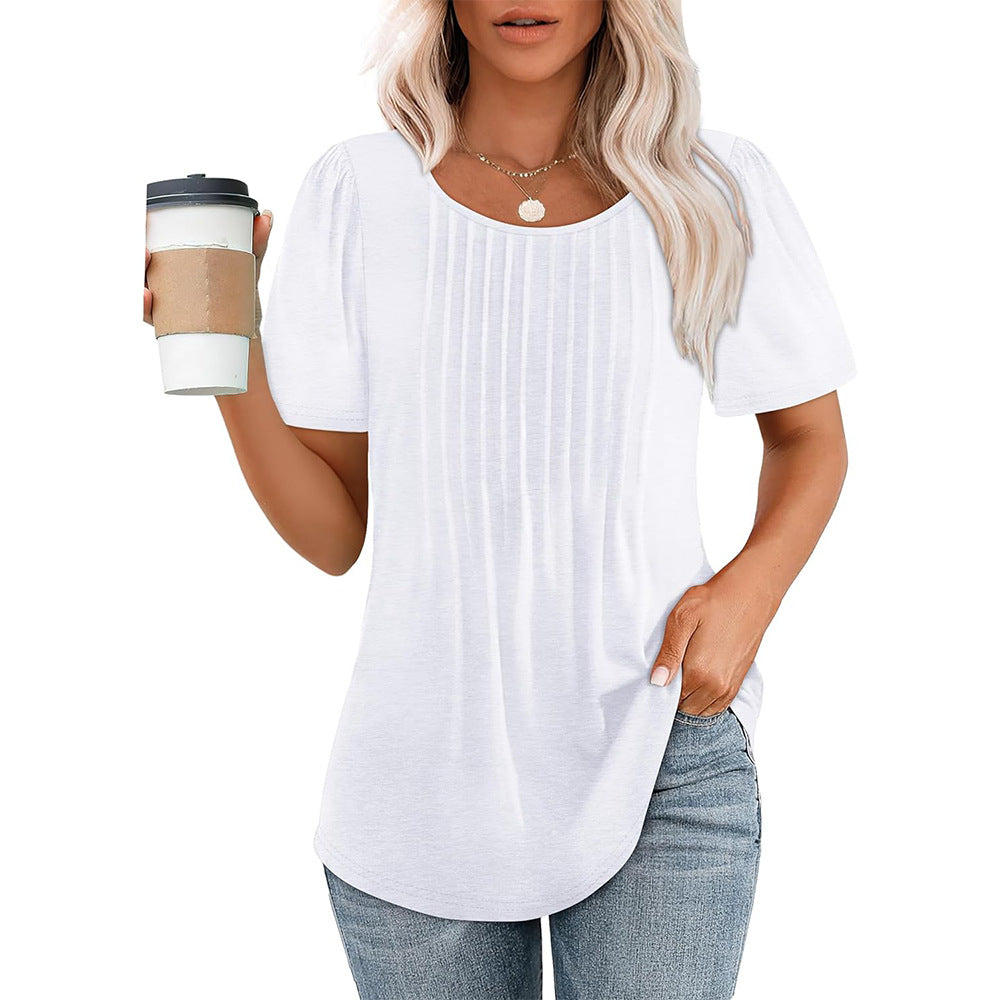 Plissiertes Rundhals-Kurzarm-T-Shirt für Damen