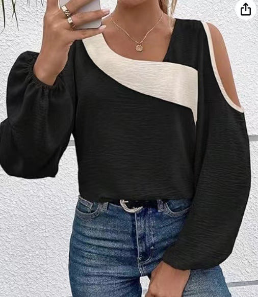 Off-the-shoulder Stitching Pullover Diagonal Collar Long Sleeve Loose Shirt