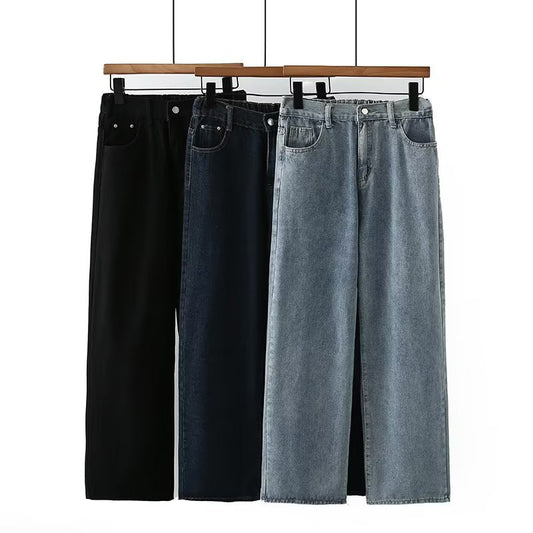 High Waist Slimming Denim Straight-leg Pants Loose