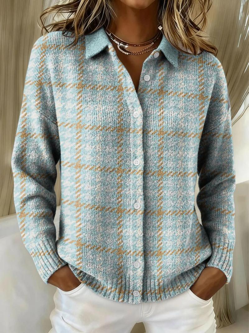 Clara - Sky Plaid Button Knit