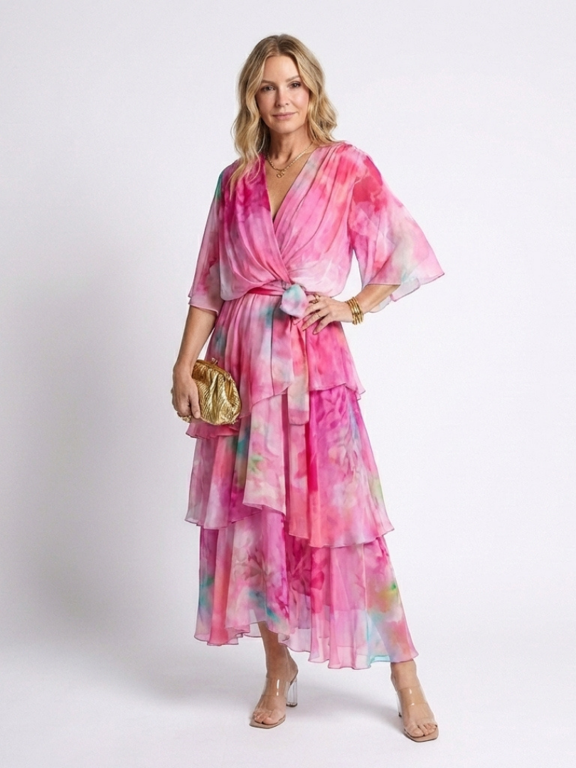 Calista - Sheer Layered V Neck Tie Waist Maxi Dress