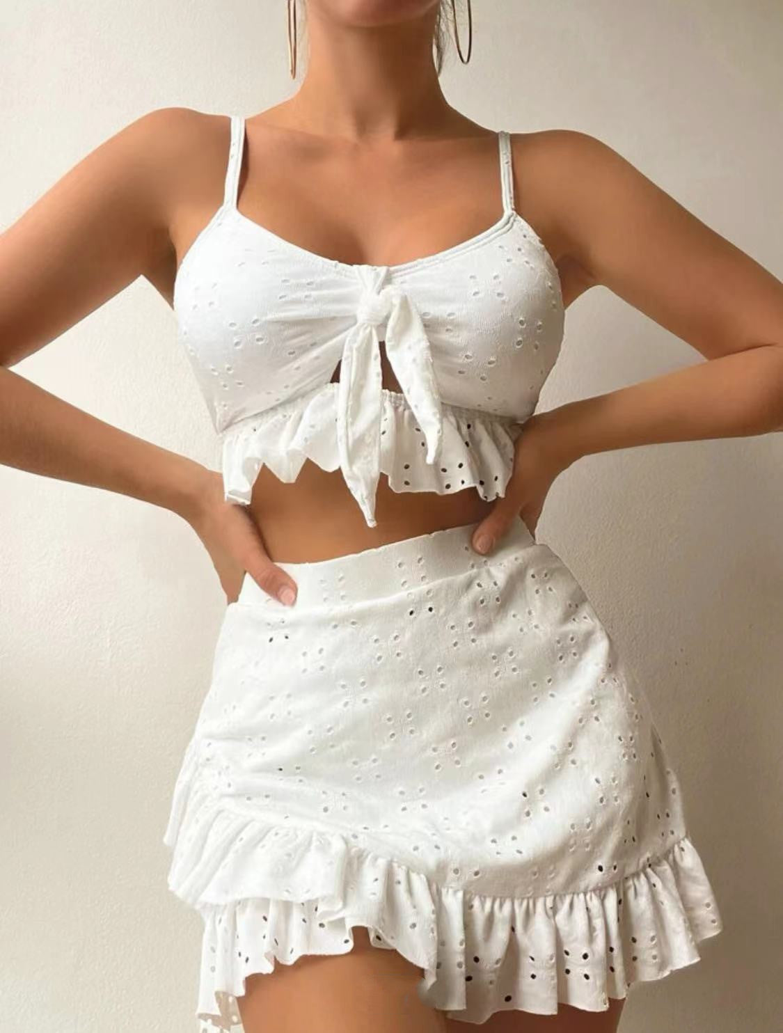 Conjunto de traje de baño de 3 piezas con falda ajustada a la cadera, diseño de volantes, ropa de verano para mujer