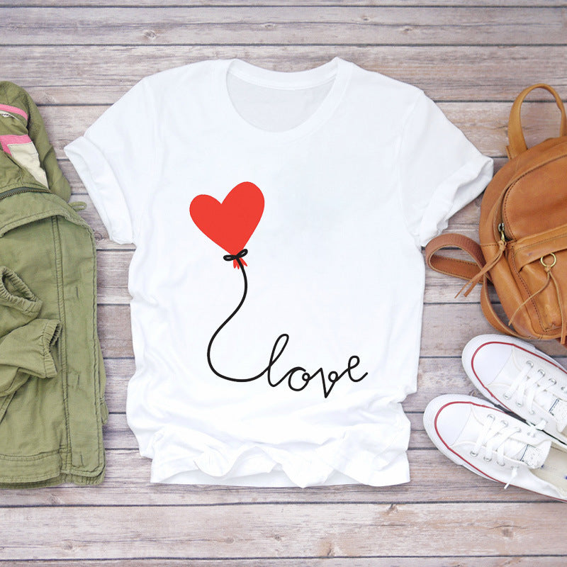 Watercolor Love Fashion Print Short-sleeved T-shirt Women's Trend