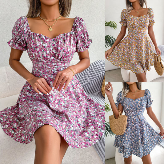 Vestido mini para mujer, temperamento, gran vuelo, dobladillo suelto, estampado de flores, fruncido, vestido de manga corta, cintura alta, vestido de verano, ropa