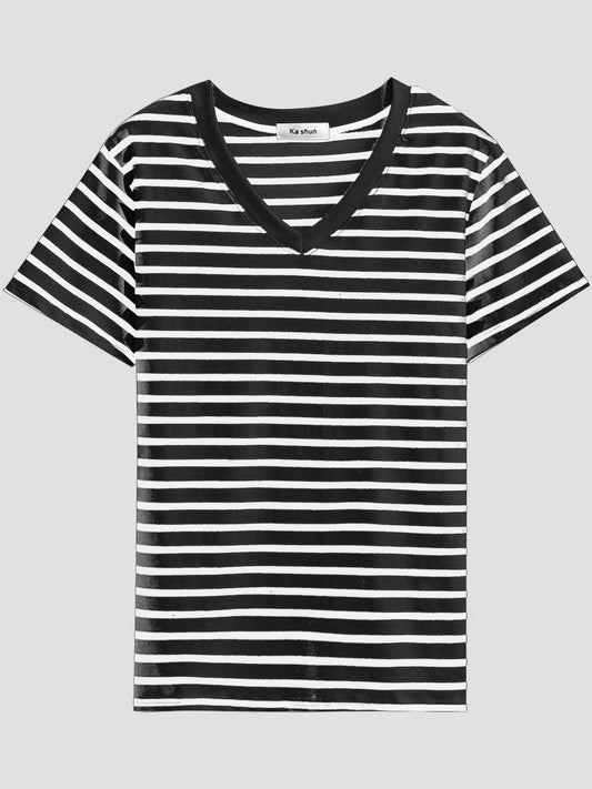 Plus Size Striped V-Neck Short Sleeve T-Shirt