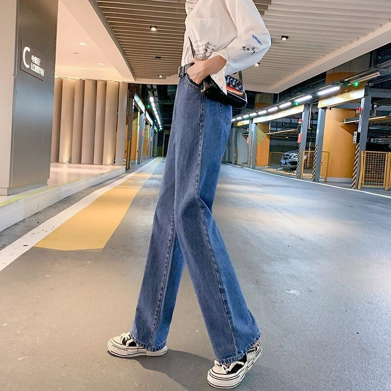 Jeans mit weitem Bein für Damen, hohe Taille, schlankmachende Drapierung, neue Herbst-Jeans in Dunkelblau, bauchfreie, hohe, lockere, gerade Wischhose