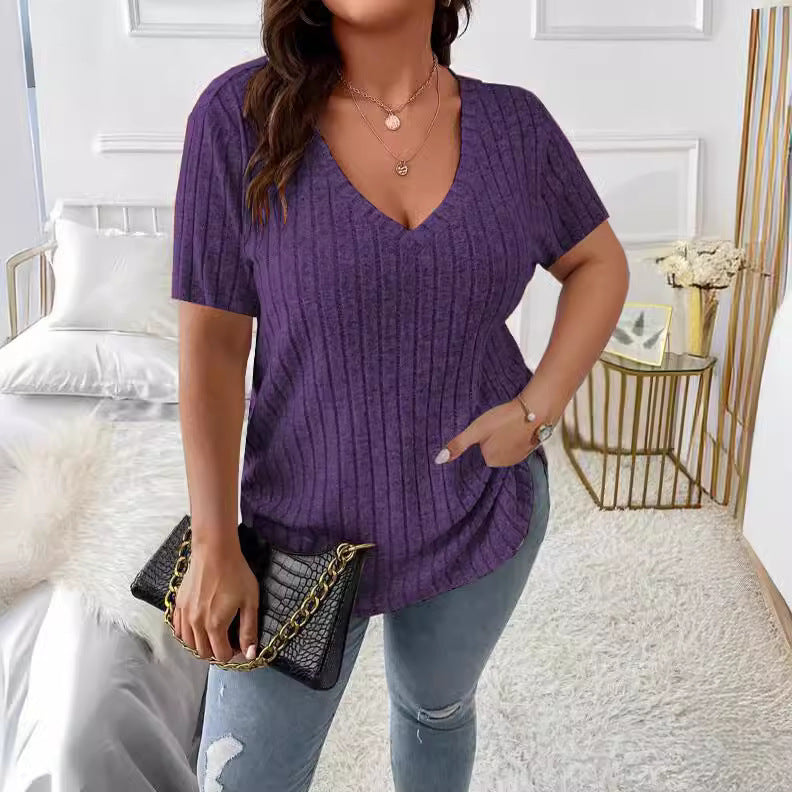 Solid Color Plus Size Women's Clothes Top V-neck Sunken Stripe Short Sleeve T-shirt