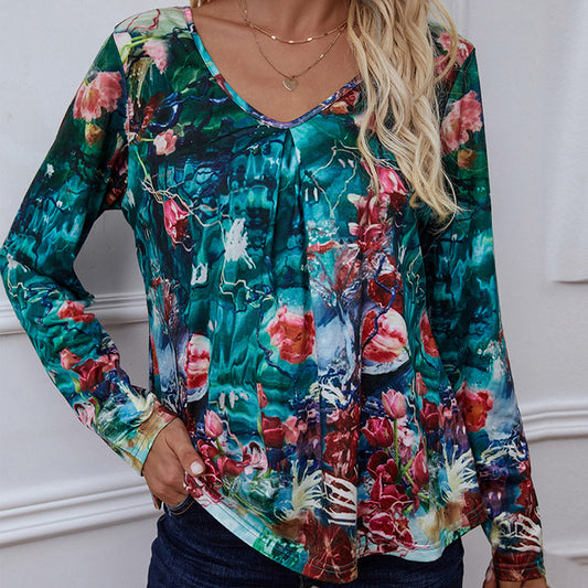 Shiny Printed V-Neck Long Sleeve Blouse