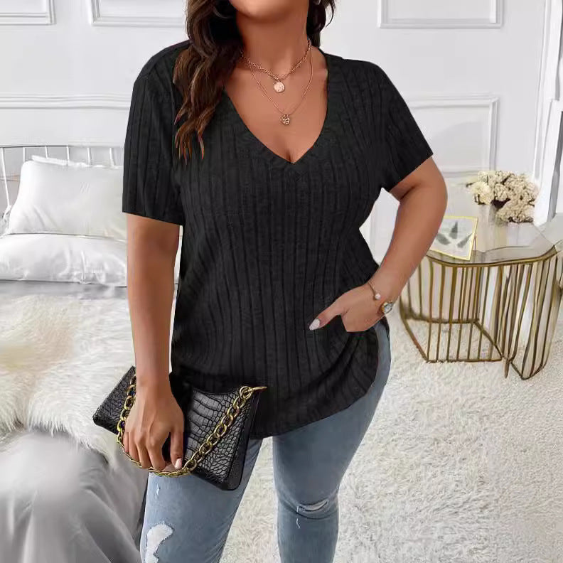 Solid Color Plus Size Women's Clothes Top V-neck Sunken Stripe Short Sleeve T-shirt