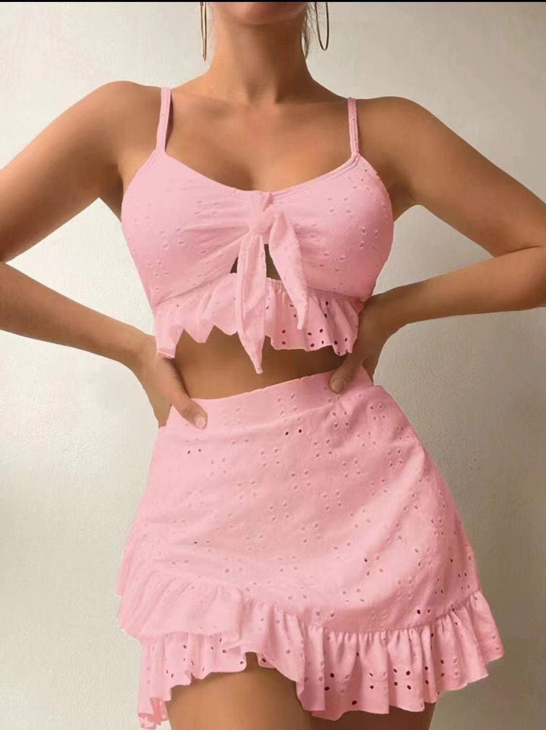 Conjunto de traje de baño de 3 piezas con falda ajustada a la cadera, diseño de volantes, ropa de verano para mujer