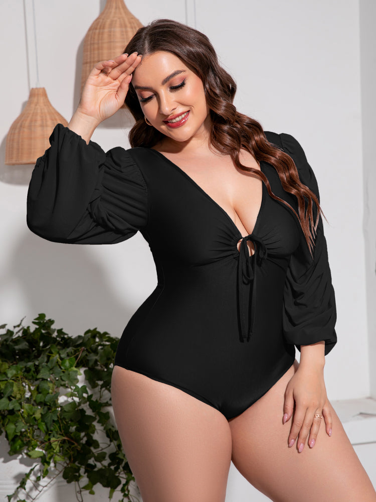 Plus Size Einteiliger Badeanzug mit tiefem V-Ausschnitt und Ballonärmeln