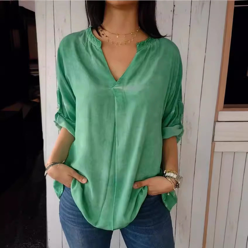 Camisa de algodón y lino puro con escote en V para mujer, talla grande, primavera y otoño