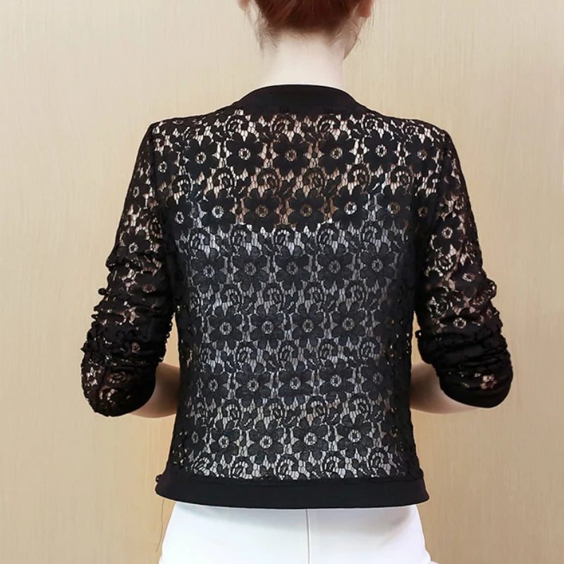Women Jacket Long Sleeve Black Hollow Lace