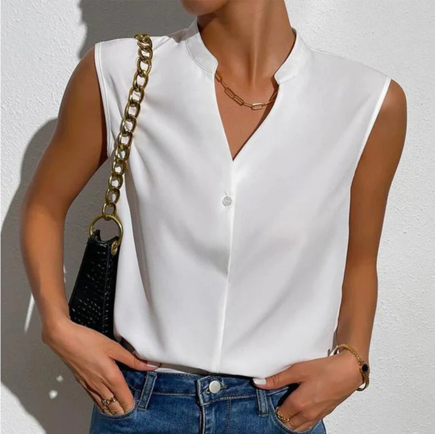 Women's New Solid Color Sleeveless Shirt Fashion V-neck Vest