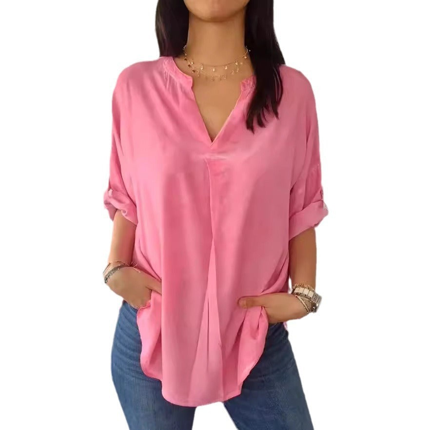 Women's Spring And Autumn V-neck Cotton And Linen Pure Plus Size Shirt