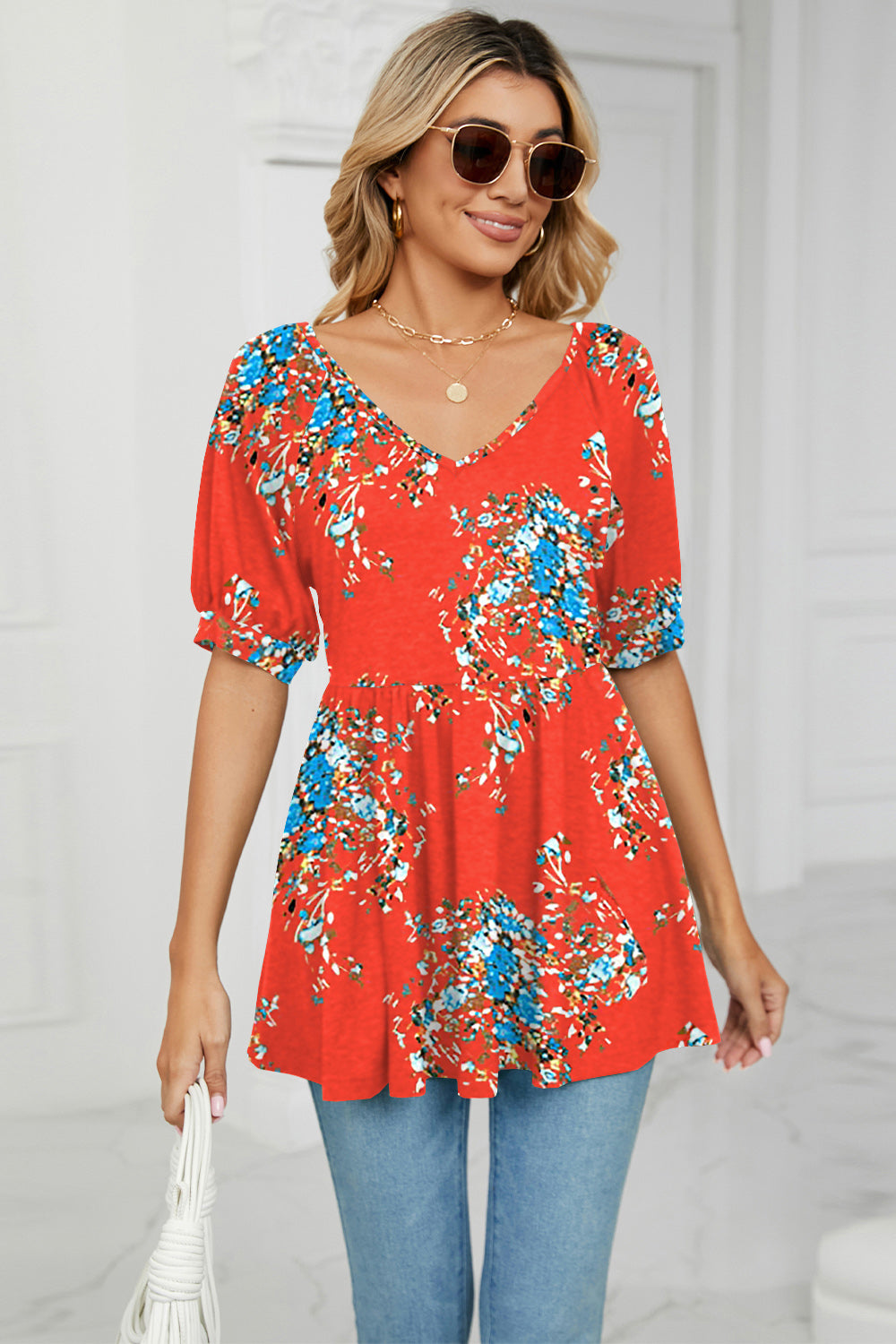 Floral V-Neck Babydoll Blouse