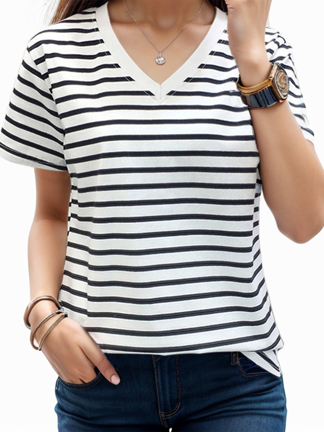 Plus Size Striped V-Neck Short Sleeve T-Shirt