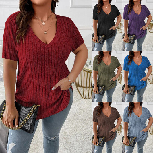 Solid Color Plus Size Women's Clothes Top V-neck Sunken Stripe Short Sleeve T-shirt