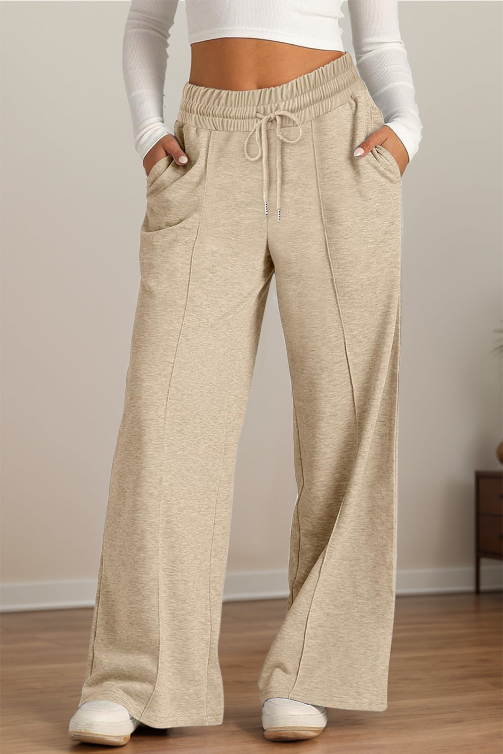 Drawstring Elastic Waist Wide Leg Pants