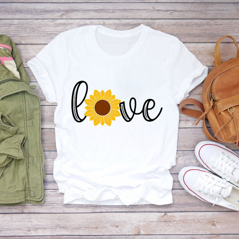 Watercolor Love Fashion Print Kurzarm-T-Shirt Damentrend