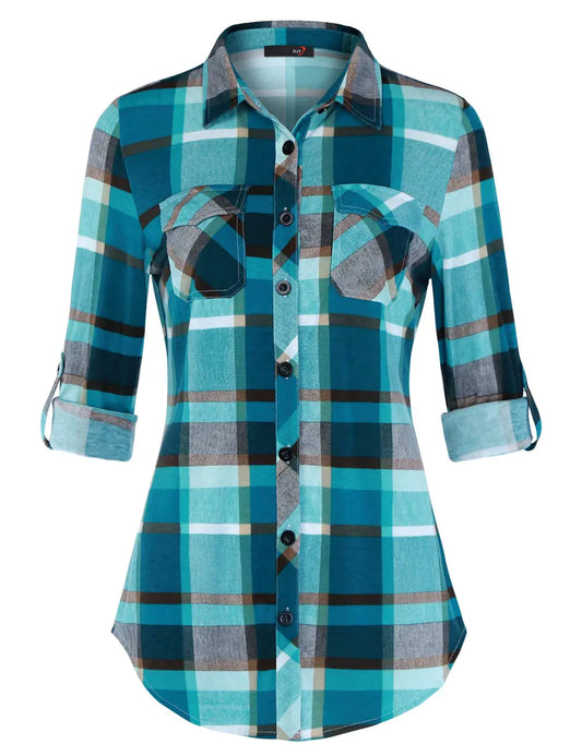 DJT Womens Soft Stretchy Knit Plaid Shirts Roll Up Long Sleeve Collared Button Down Blouses Tops XX-Large Turquoise