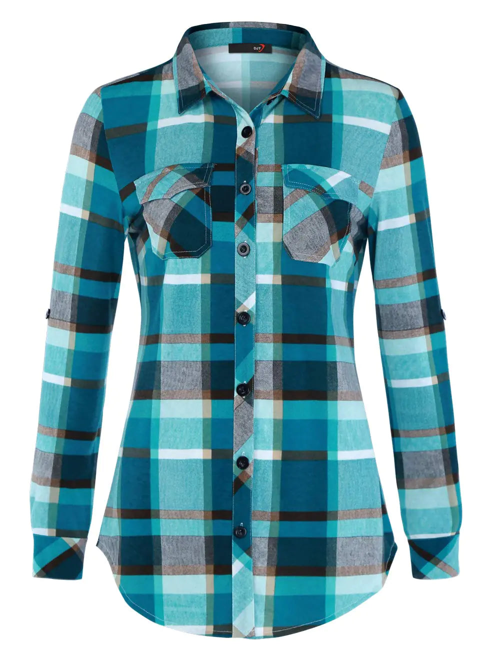 DJT Womens Soft Stretchy Knit Plaid Shirts Roll Up Long Sleeve Collared Button Down Blouses Tops XX-Large Turquoise