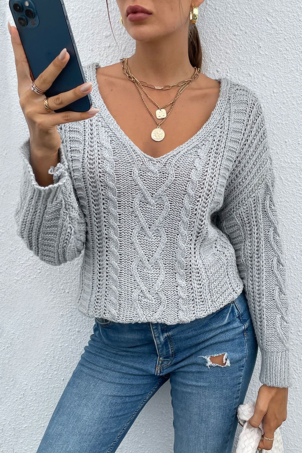 Shiny V-Neck Cable-Knit Long Sleeve Sweater