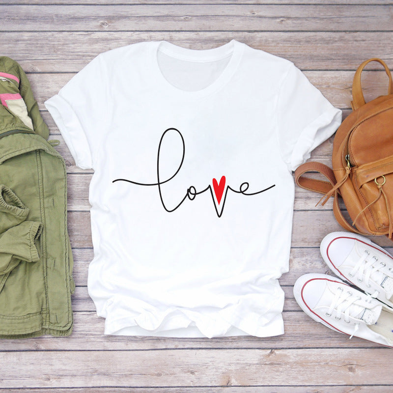 Watercolor Love Fashion Print Kurzarm-T-Shirt Damentrend