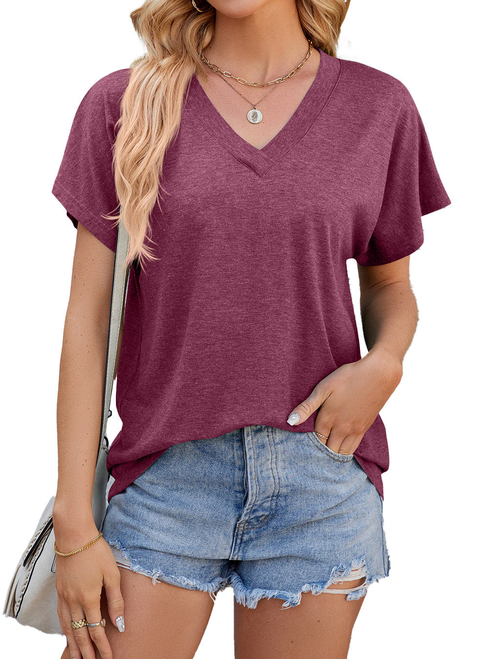 Camiseta holgada de manga corta con cuello en V para mujer de verano