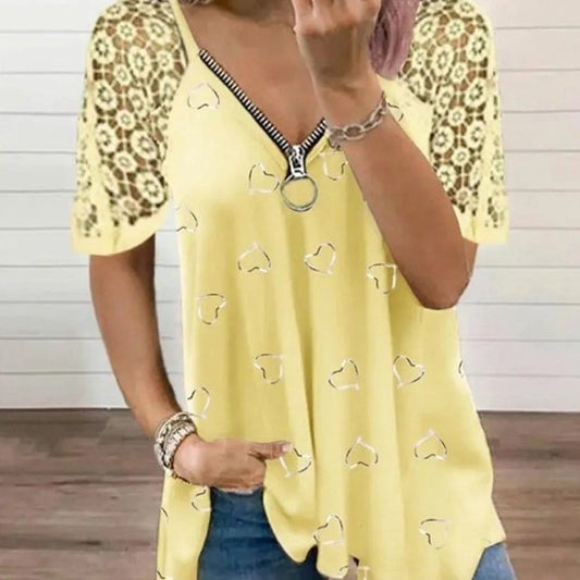 Women's Heart-shaped Pattern Lace Zipper Design T-shirt