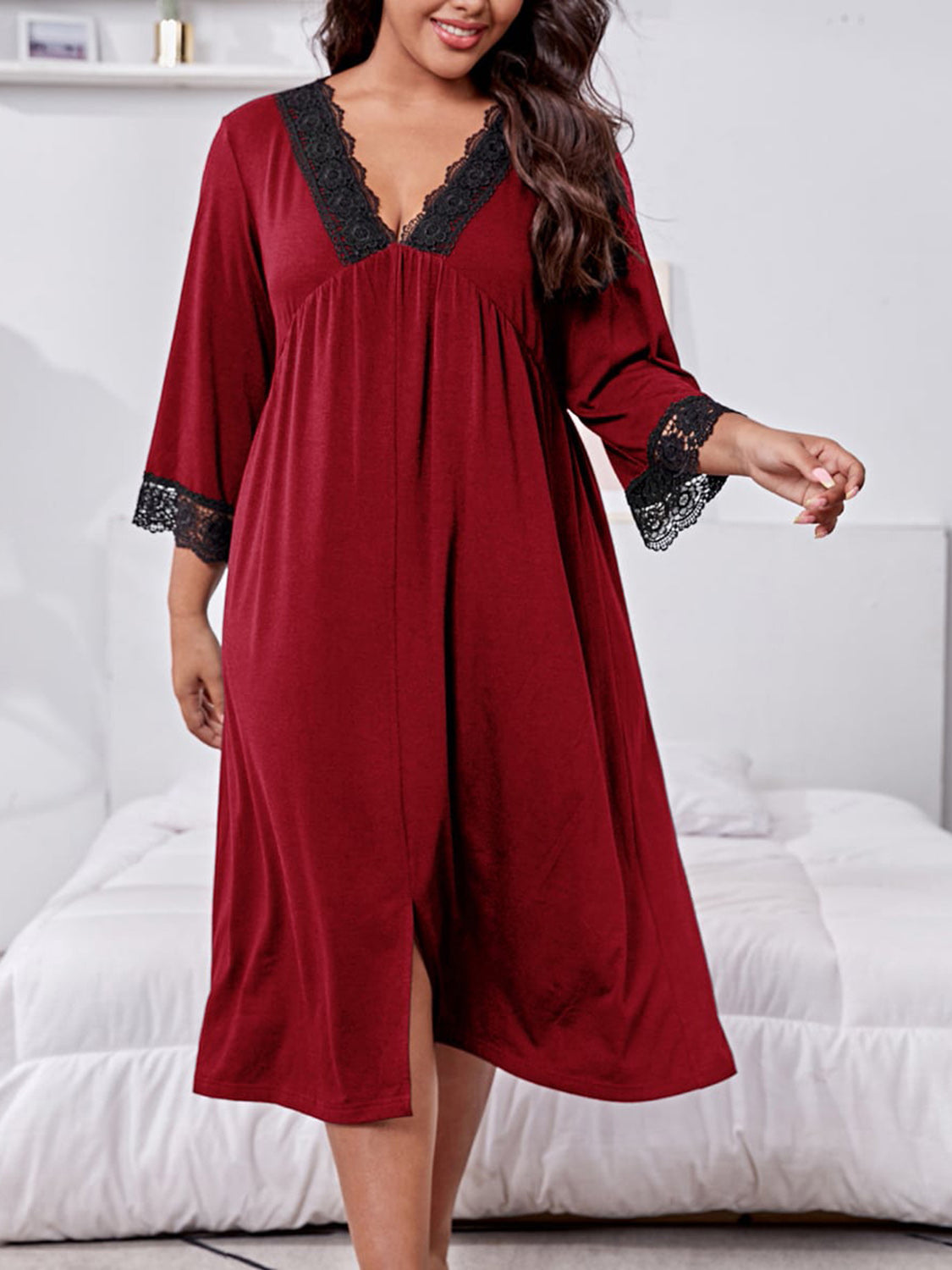 Plus Size Lace Detail V-Neck Lounge Dress