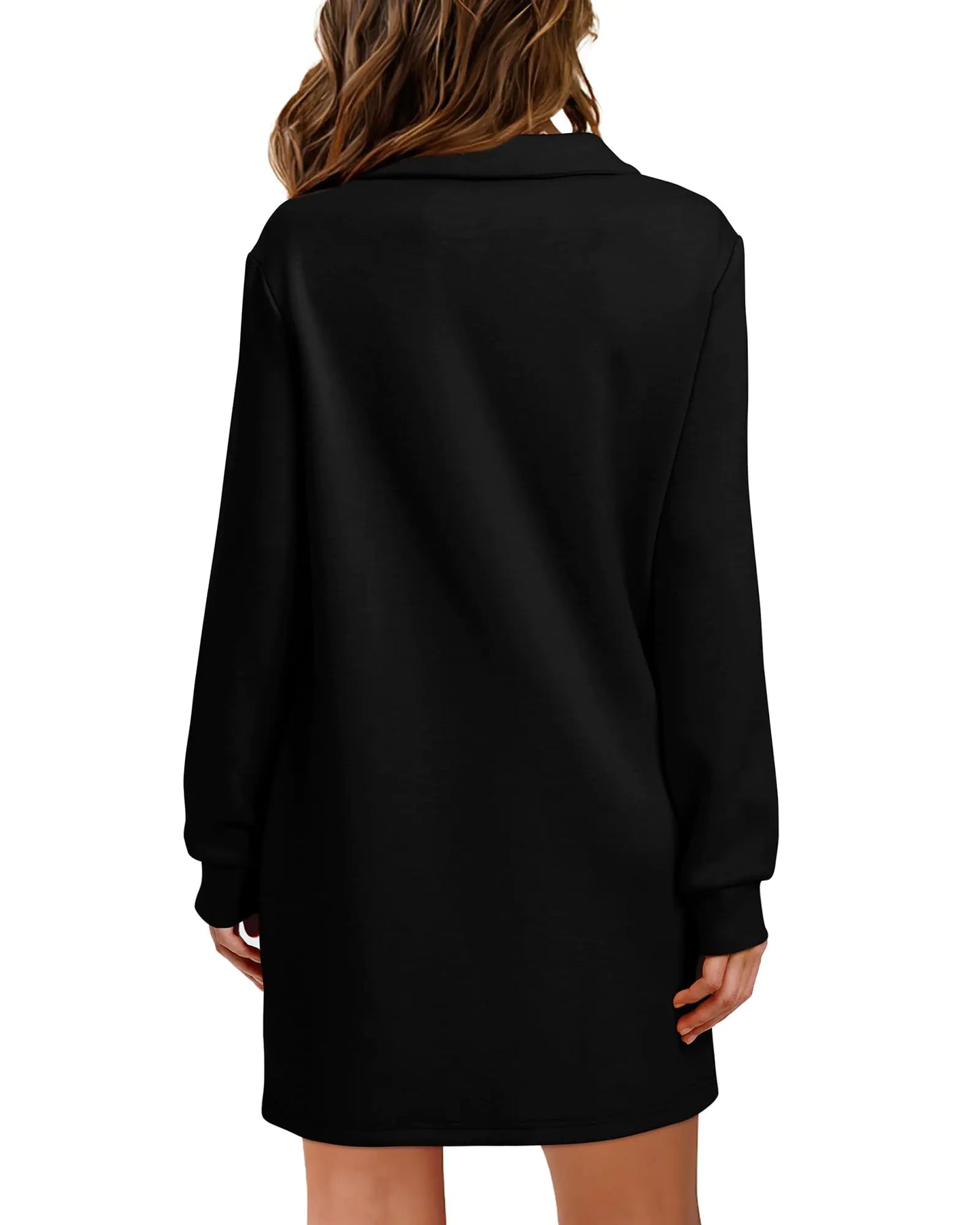 WIHOLL Womens Long Sleeve Lapel Collared V Neck Sweatshirt Dress Loose Fit Solid Color Mini Dresses Fall 2024 Black Large