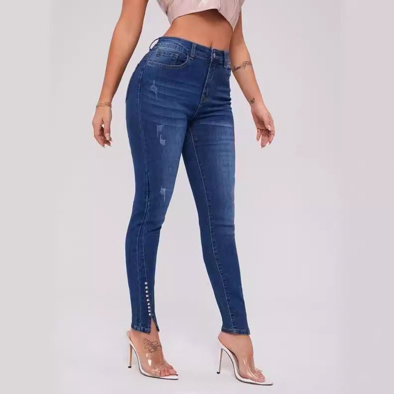 Slim Fit Patchwork-Stretch-Jeans mit hoher Taille