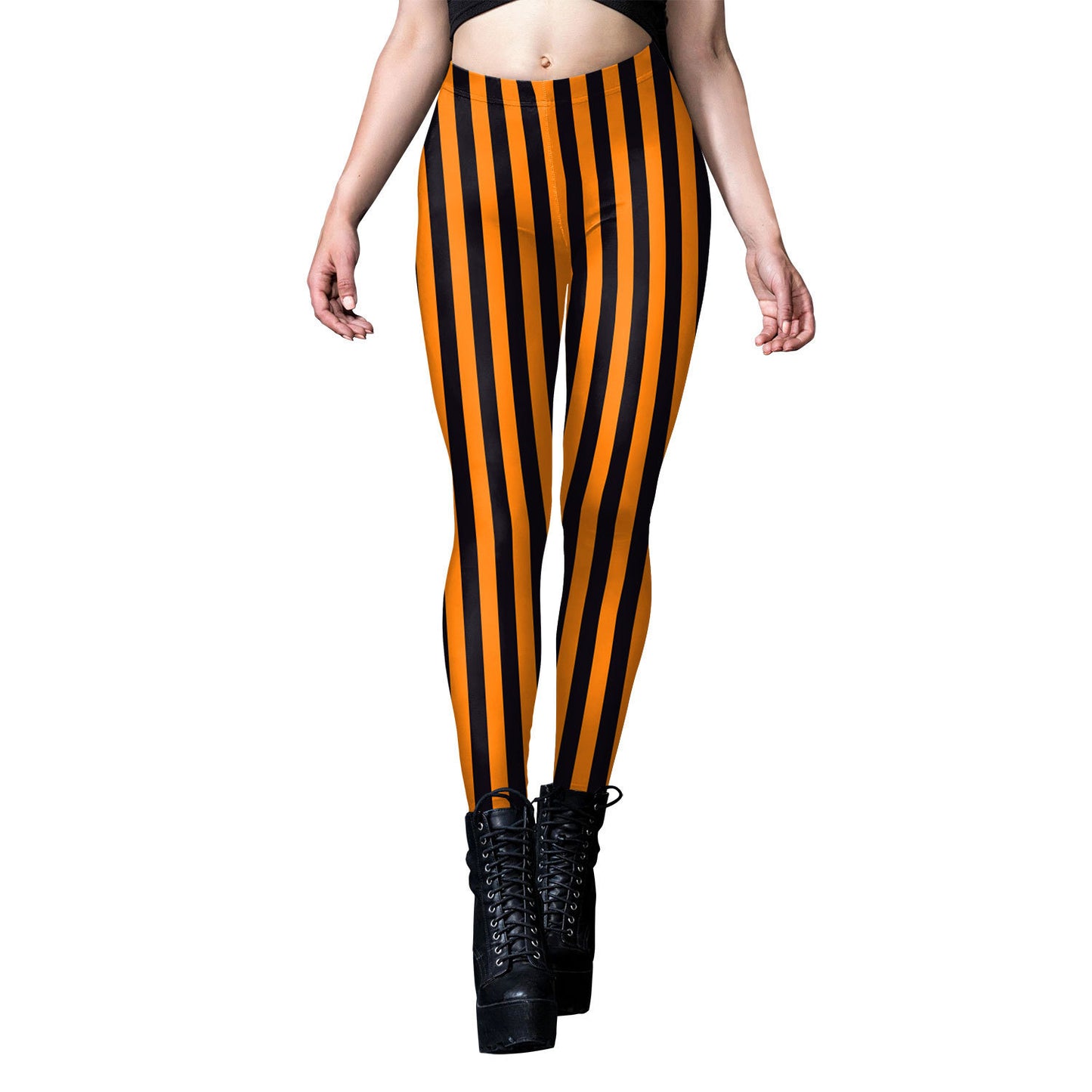 Leggings ajustados a rayas con estampado digital de cabeza de calabaza de Halloween para mujer