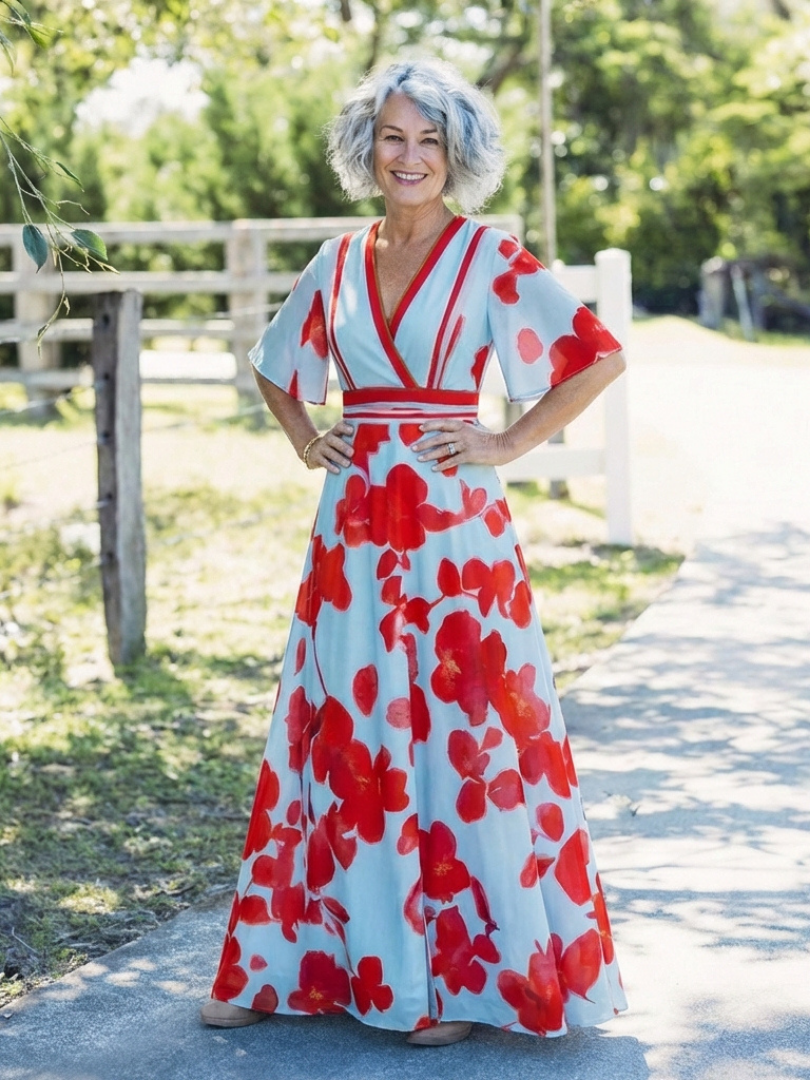Corinne - V Neck Short Sleeve Floral Maxi Dress